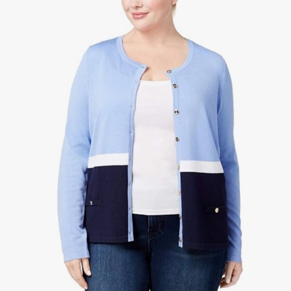 Karen Scott Women's Blue Plus Size Color Blocked Cardigan 3X Spring Lightweight - Picture 1 of 13